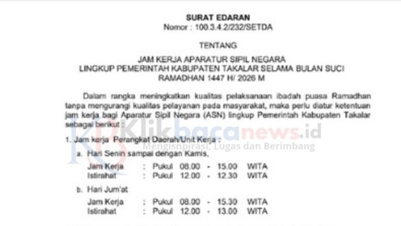 Bupati Takalar Terbitkan Surat Edaran Jam Kerja ASN Selama Ramadhan 1447 H